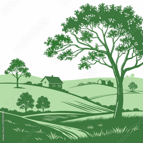 Green of a tree and house in a field countryside