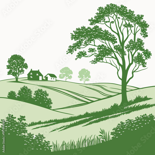 Green hillside with houses and trees countryside