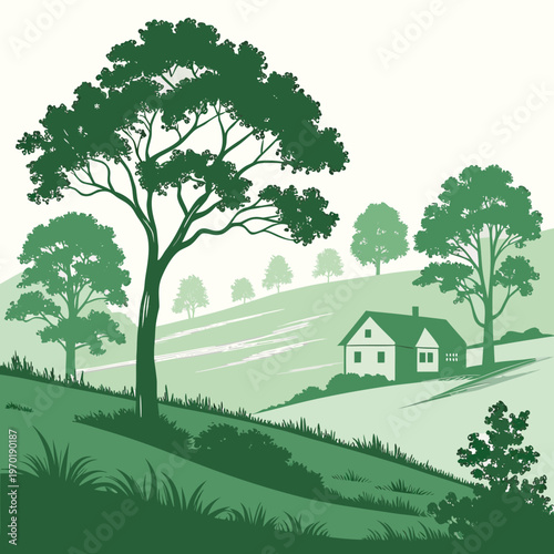 Green landscape with house and trees countryside