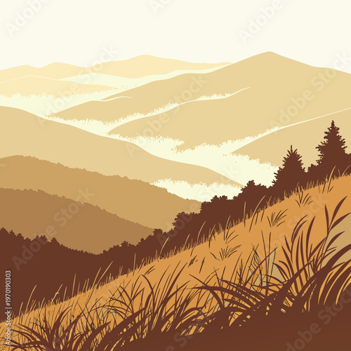 Mountain landscape with trees and grass field