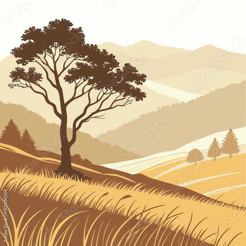 Tree on a hillside with mountains and sunlight landscape