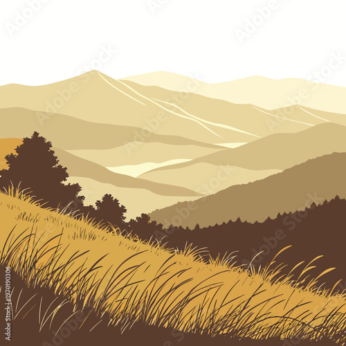 Mountain landscape with trees and grass hills