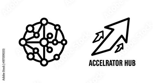 Network connection hub and business growth accelerator arrow upward trend icons for technology and progress with line art