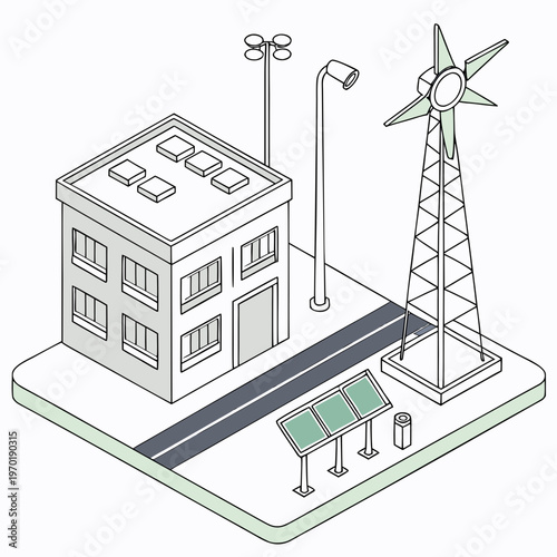 Isometric city block with wind turbine building streetlight