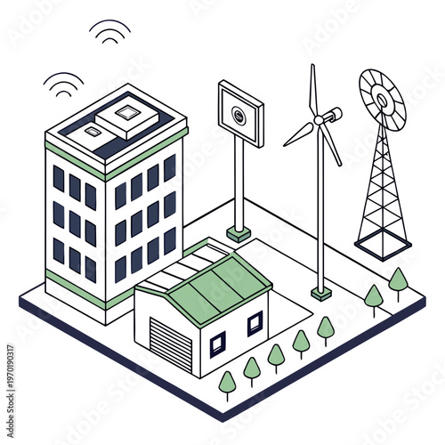 Isometric city block with wind turbine and solar panel