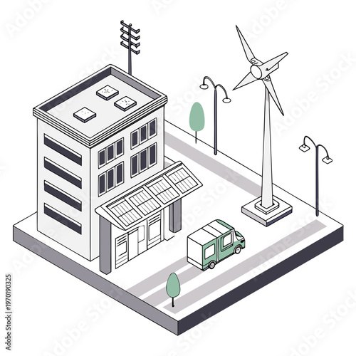 Isometric city block with wind turbine and truck building