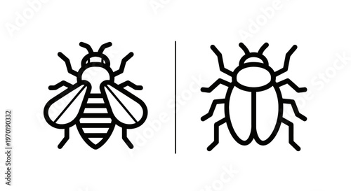 Simple outline icons of common insects featuring a flying bee and a beetle for nature and entomology designs