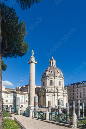 Trajan's column with the church of Santa Maria di Loreto in Rome