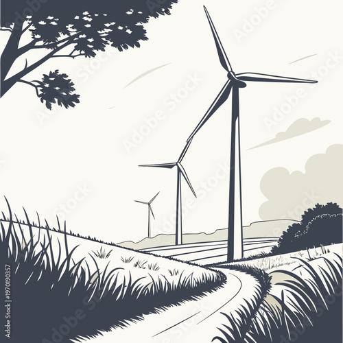 Wind turbines and road landscape grass trees countryside