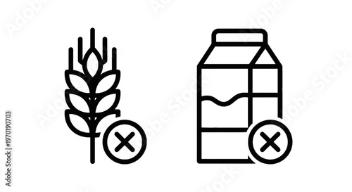Gluten free and lactose free food allergy icons representing dietary restrictions with dietary restriction with food intolerance with dairy free