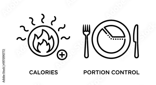 Outline icons representing calories with a flame symbol and portion control on a plate with fork and knife, illustrating diet and nutritional management