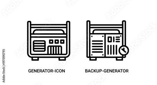 Outline icons representing a portable generator and a backup generator with a clock symbol, illustrating power supply and emergency readiness, line art
