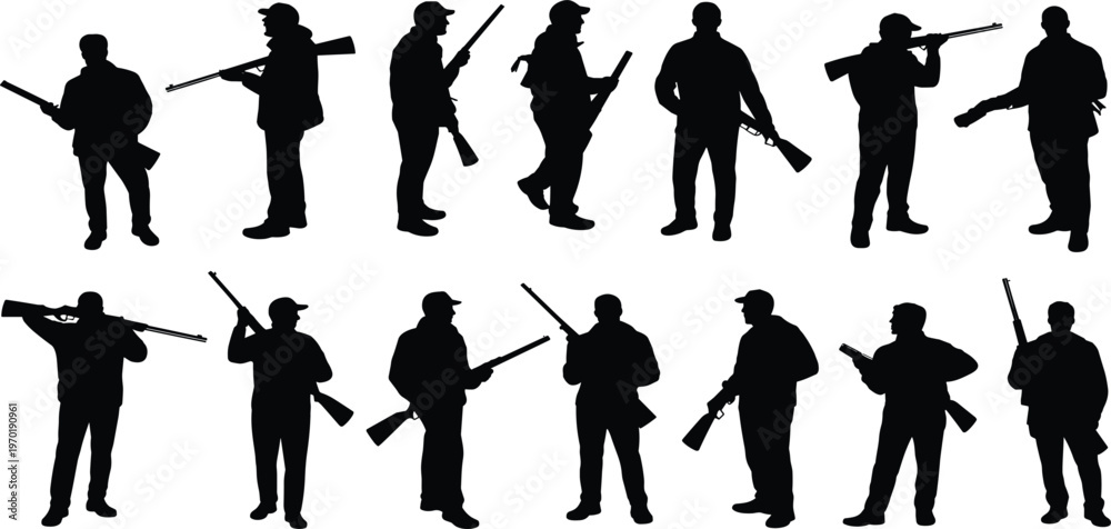 Ταπετσαρία Silhouettes of hunters with rifles in various poses on white background hunting