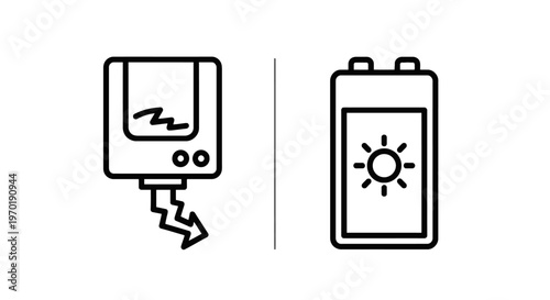 Power adapter and solar battery icons representing charging solutions and renewable energy storage with charging solution with portable power with green tech