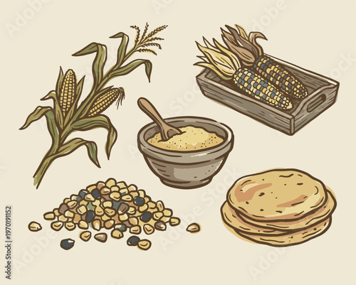 Stylized illustration set of corn plant ears kernels cornmeal bowl and tortillas representing staple food uses