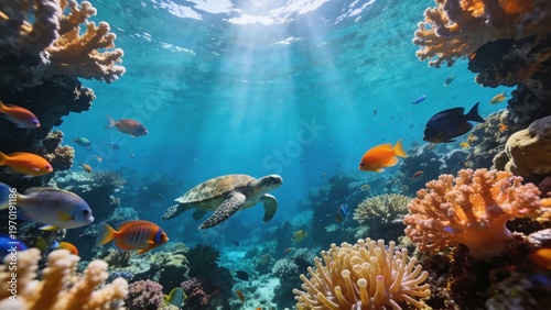 Sea turtle swimming near coral reef with tropical fish underwater