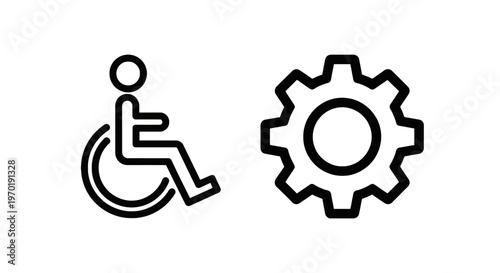 Accessibility icon for wheelchair user next to a gear symbol representing technical support and assistive settings