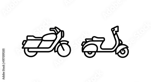 Black and white line art icons of a touring motorcycle and a classic motorized scooter shown from a side profile view on a white background