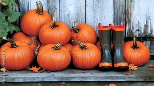 A pile of pumpkins on a wooden porch next to a pair of boats