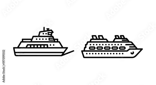 Minimalist linear icons of ferry and cruise ship for maritime transportation and tourism design