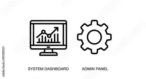 Minimalist system dashboard and admin panel icons featuring computer monitor graph and management gear