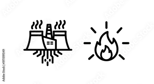 Geothermal energy and thermal power icons featuring factory and flame symbols for renewable resource design