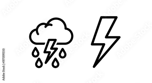 Weather line icons featuring a storm cloud with raindrops and a lightning bolt beside a standalone electrical discharge symbol for meteorological design