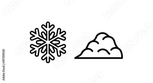 Cold winter weather line icons illustrating a crystalline snowflake and a pile of snow representing freezing temperatures and snowy seasonal conditions