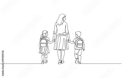 Single continuous line drawing rear view, a mother holds her son and daughter on her right and left. Walk Safely To School Day. one line Icon drawing