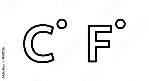 Set of black and white linear symbols for celsius and fahrenheit temperature scales used in weather and science
