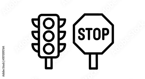 Road traffic safety icons featuring a three light signal and an octagonal stop sign in black and white outline style