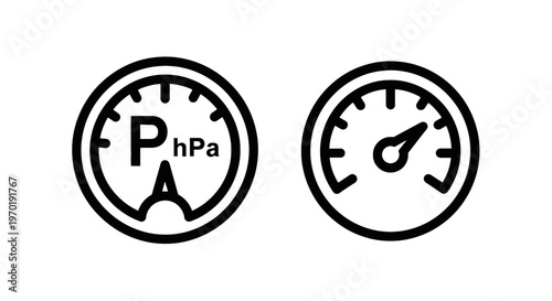 Measurement gauge icons for pressure in hectopascals h pa and speed tracking in outline design for automotive and industrial applications
