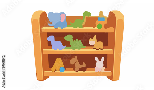 Toy Shelf Cartoon Wooden Store Display Kids Animal Toys Vector Illustration