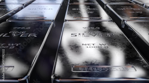 Close-up silver bullion bars with reflective surface. Ideal for finance, wealth and investment visuals. Seamless loop animation, part of series. Beautiful 3d Animation 4k, Ultra HD 3840x2160