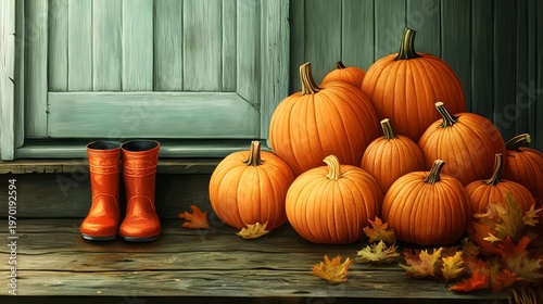 A pile of pumpkins on a wooden porch 
