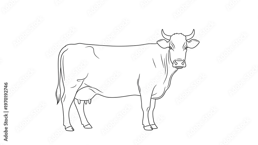 Fototapeta premium A detailed line drawing illustration of a cow standing on a plain white background, highlighting its anatomical features