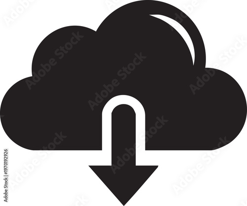 Cloud storage download icon, black cloud with arrow, data transfer symbol, file sharing illustration