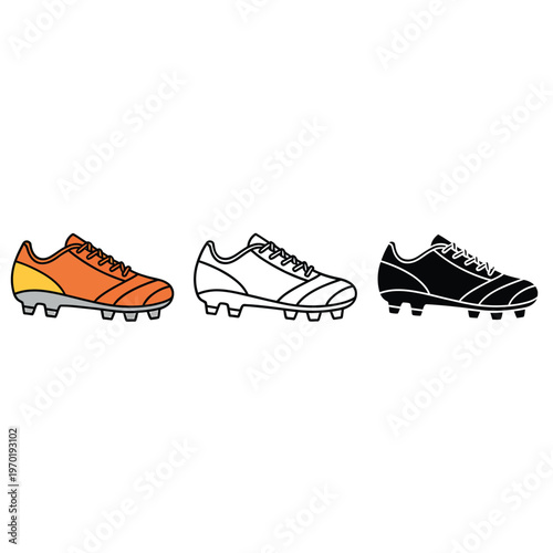 Three soccer cleats displayed in color outline and silhouette views