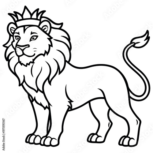 A lion stand proudly-and-a crown on head line-art  