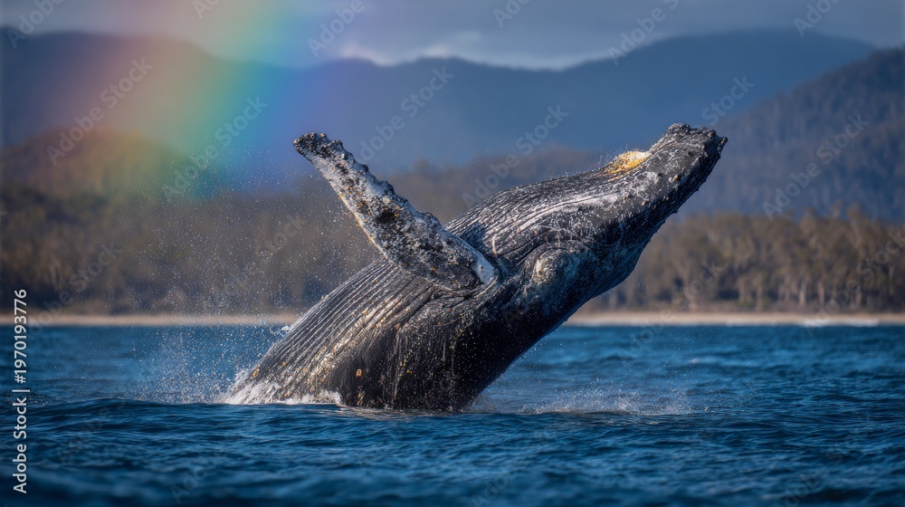 Fototapeta premium Majestic Humpback Whale Breaching Under Rainbow Over Ocean Waves