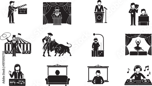 Entertainment Icons: A dynamic collection of black and white icons that symbolize various forms of entertainment, from theater to cinema, offering a visual journey through the world of performance.