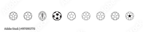 Various filled and outline icons showcasing different panel arrangements for classic soccer balls and a globe