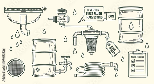 Vintage plumbing fixtures sketch collection isolated on transparent background detailed line art illustration