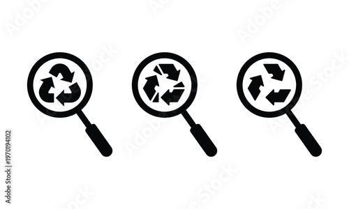 Magnifying Glass Examining Broken Recycle Symbols Sustainability Inspection Icons