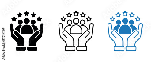 Human figures in hands icon set with stars highlighting leadership teamwork excellence and professional support customer care vector illustration