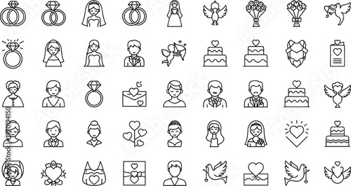 Wedding couple and romantic celebration line icon set featuring bride groom love ceremony minimal outline vector collection