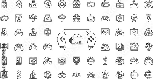 Virtual reality gaming and controller line icon set featuring vr headset joystick minimal outline vector collection
