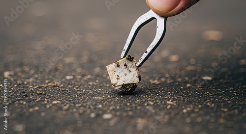 Earth day cleanup hand removing trash with tongs promoting a cleaner planet
