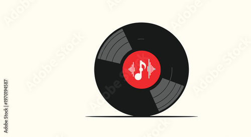 A single classic black vinyl record with a vibrant red center label and white musical note sits elegantly against a minimalist cream background surface.