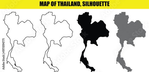 Map of Thailand silhouette in various styles including solid fill outline and dotted versions for design.